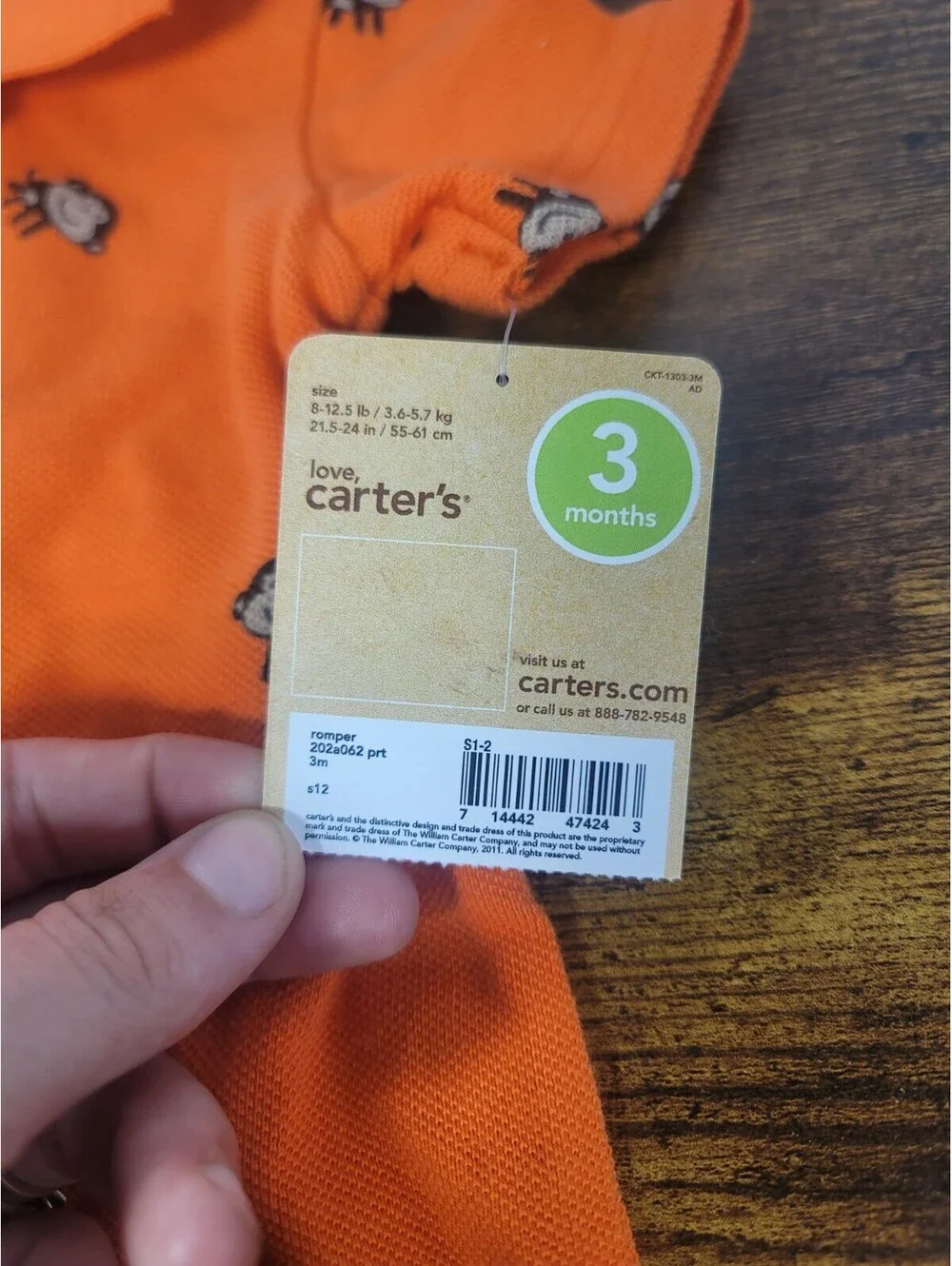 Carter’s Boy Monkey Romper Size 3 Months